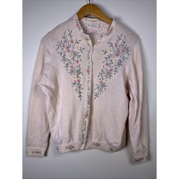 Vintage Sweaters - Vintage Hand Beaded Cardigan Sweater Size Small Medium 46 Floral Classic Knit